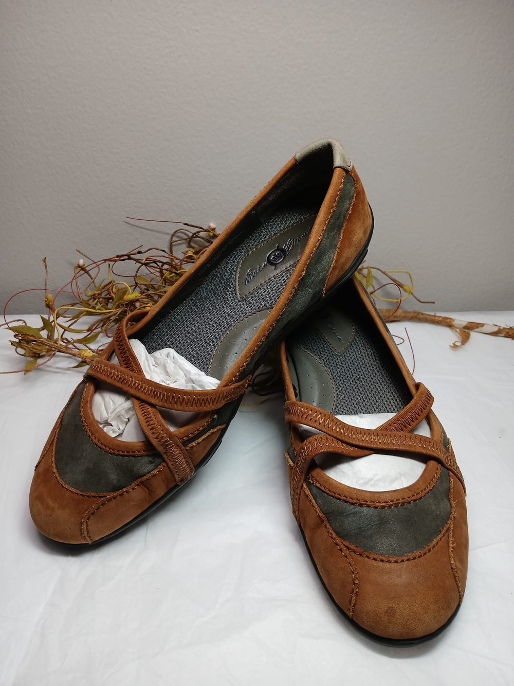 Born Women's Brown and Olive Cross-Strap Mary Jane Flats